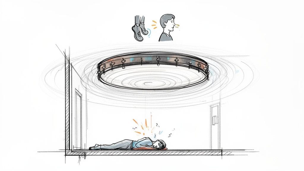 Ilustración de personas en dos niveles, el ruido superior de pasos y voz molesta al inferior, mostrando la importancia del aislamiento.