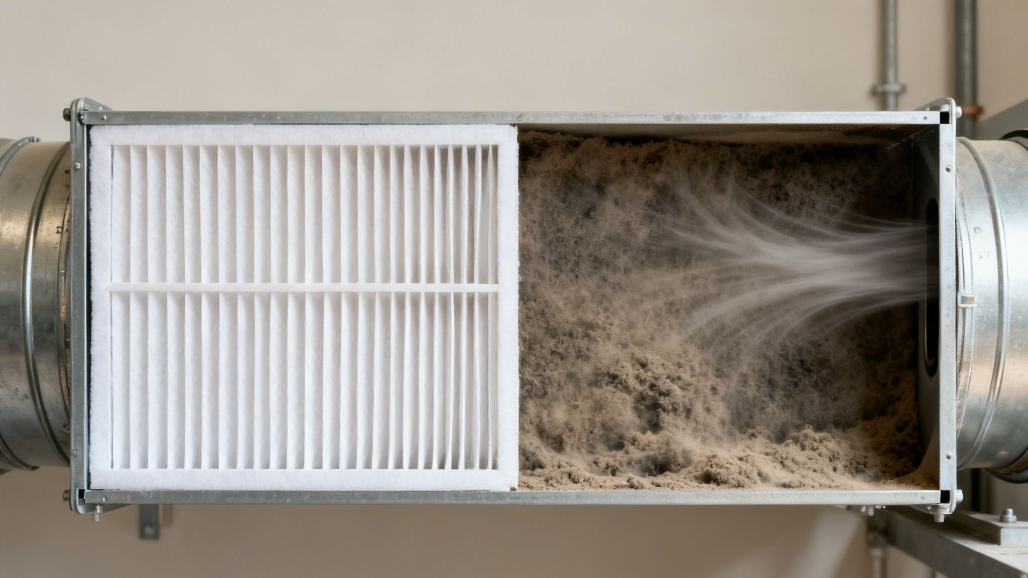 Filtro de aire limpio junto a un conducto de ventilación sucio y lleno de polvo, mostrando la necesidad de mantenimiento.