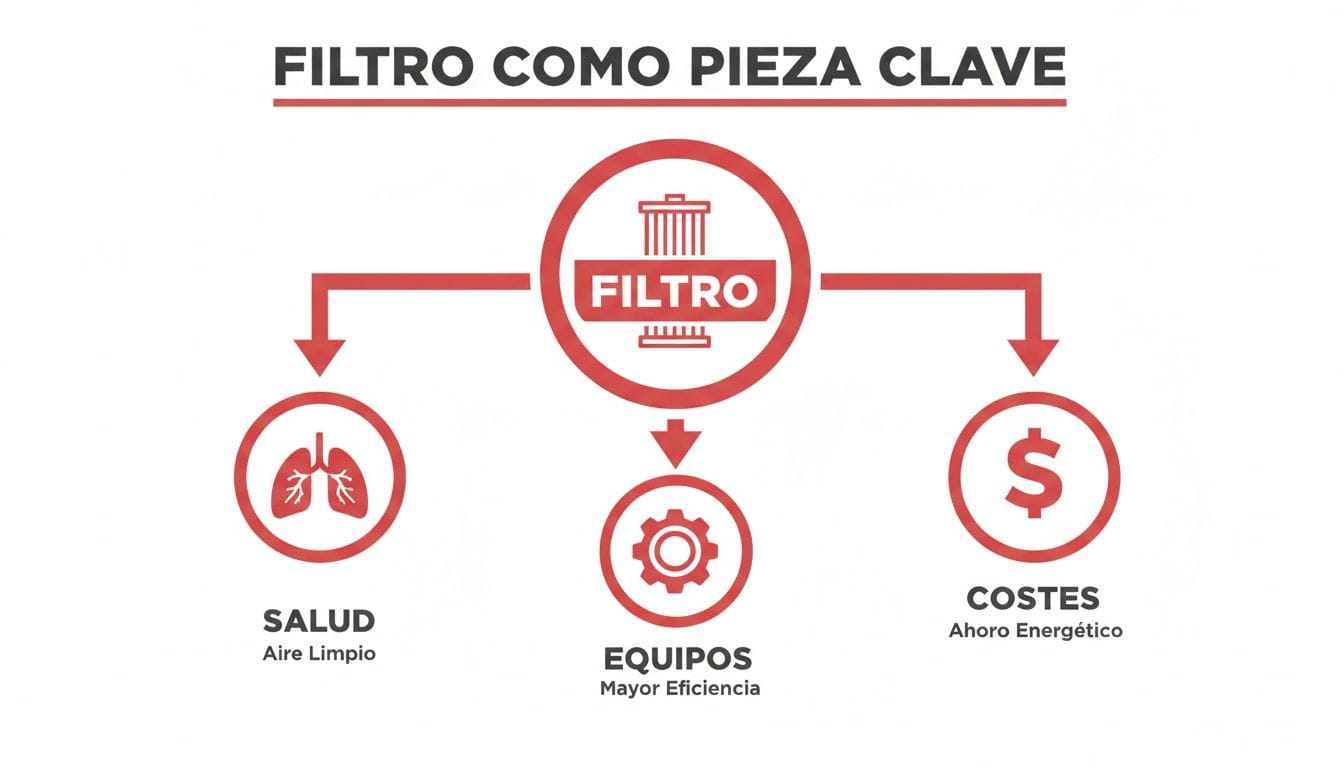 Diagrama que muestra cómo un filtro de aire es clave para la salud, la eficiencia de equipos y el ahorro de costos.