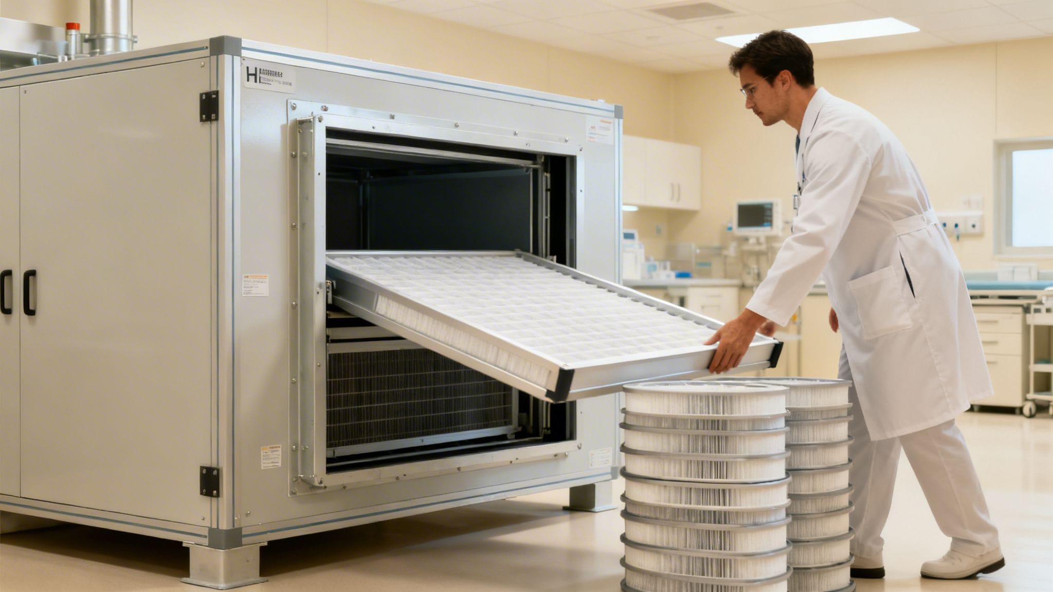 Técnico en bata de laboratorio cambiando un filtro HEPA en una unidad de tratamiento de aire en un entorno de sala limpia.