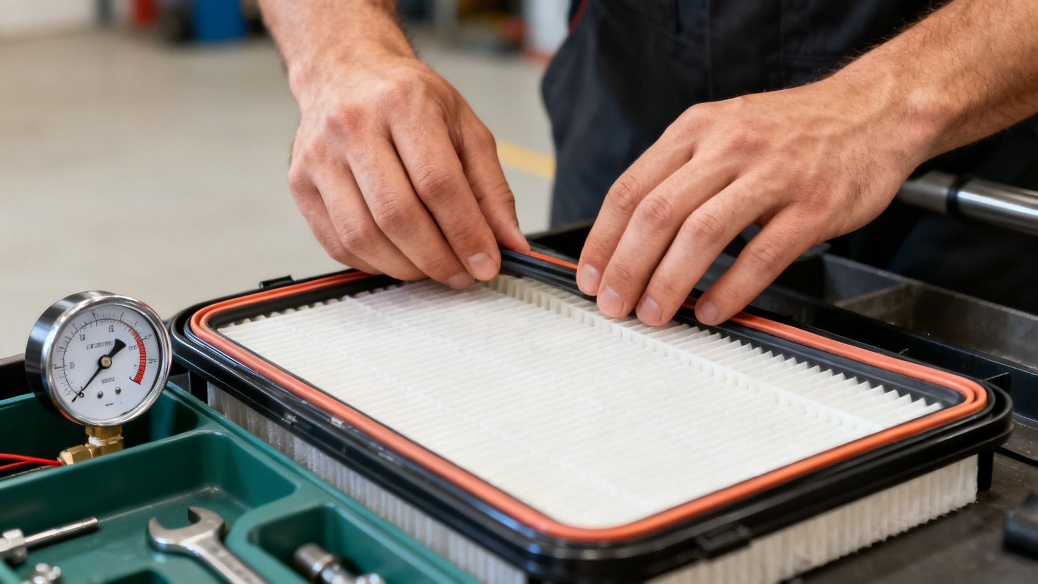 Manos de un técnico ajustando un filtro de aire acondicionado blanco con sello naranja, junto a un manómetro y herramientas.