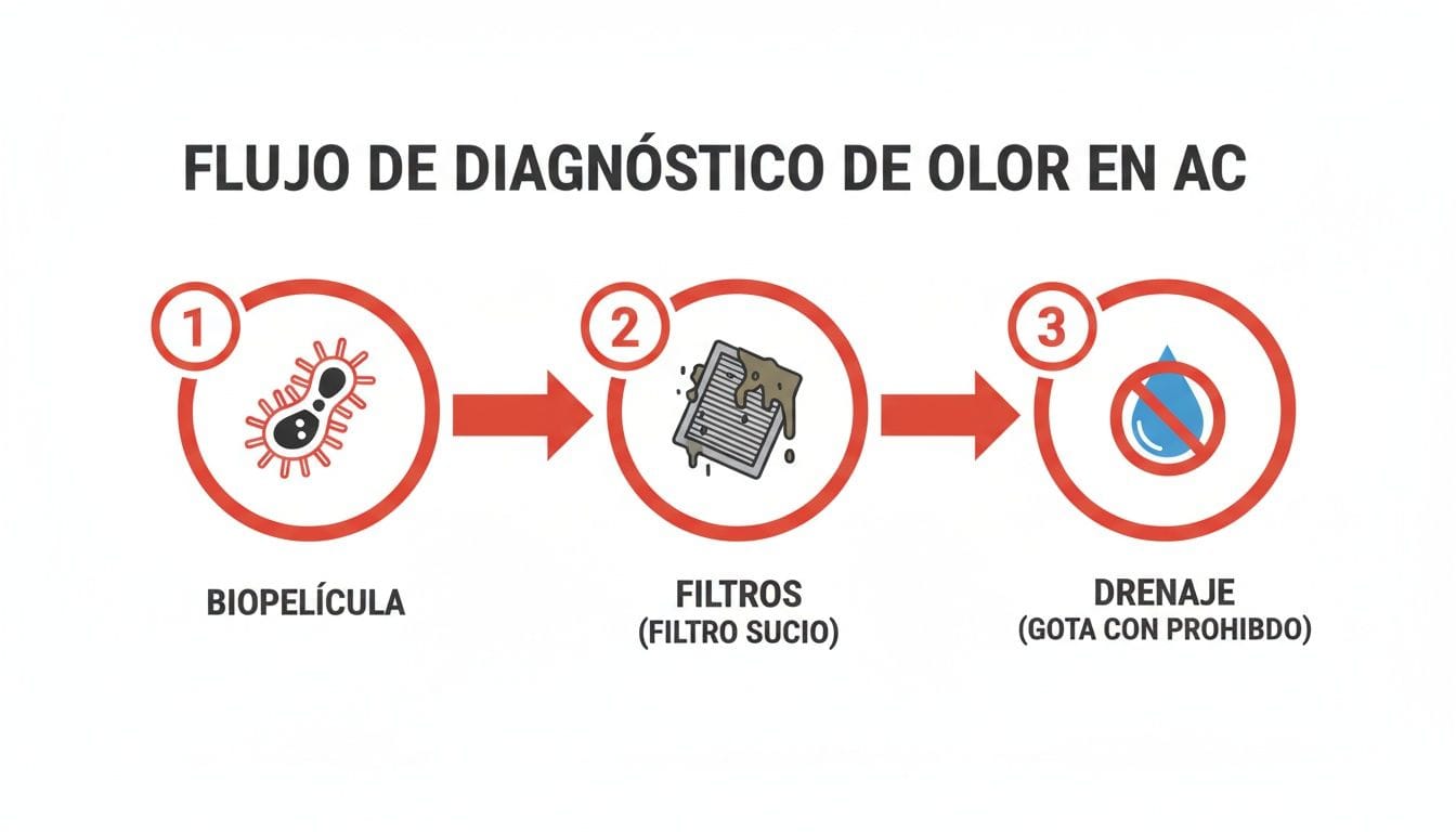 Diagrama de flujo que ilustra los pasos para diagnosticar el mal olor en el aire acondicionado: biopelícula, filtros sucios y drenaje obstruido.