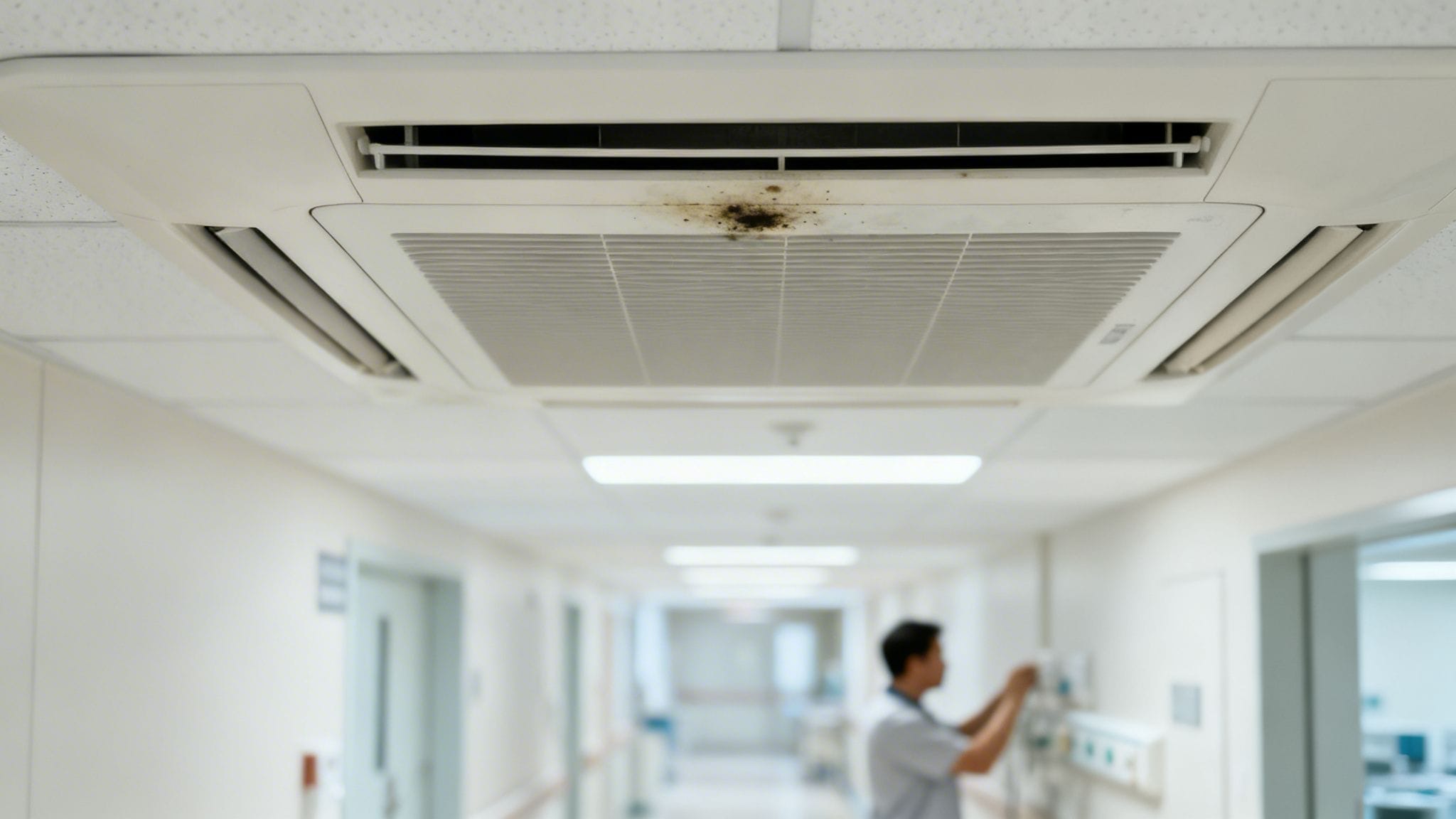 Unidad de aire acondicionado de techo con suciedad y moho visible en un pasillo de hospital.