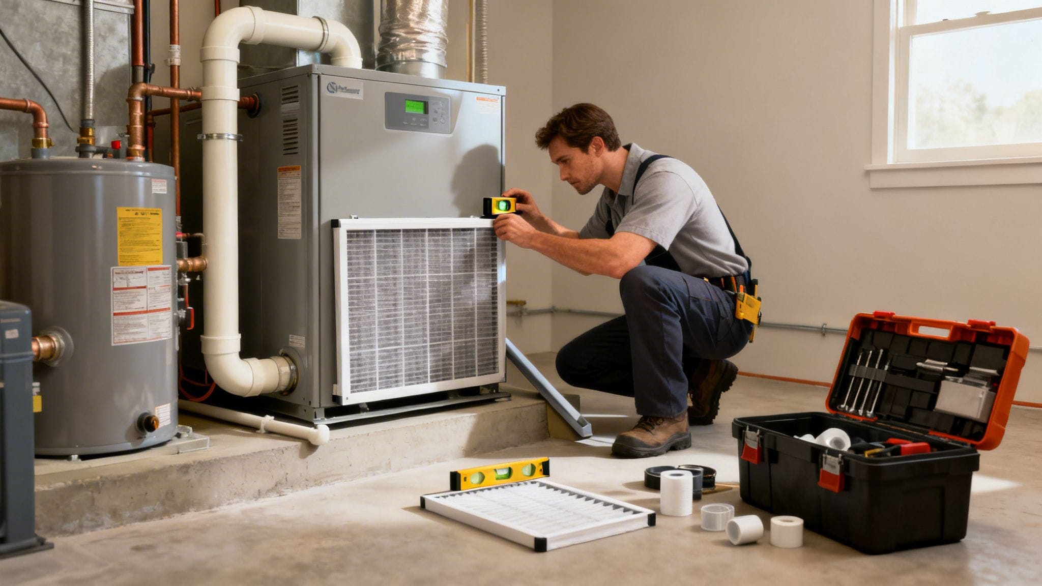 Técnico inspeccionando un filtro de aire en un sistema de calefacción y refrigeración.