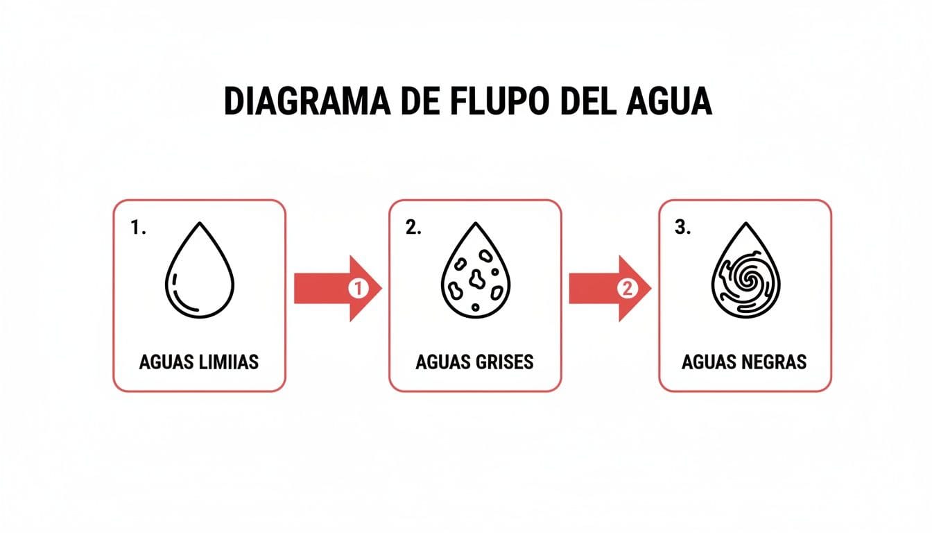 Diagrama de flujo que ilustra la progresión del agua de limpia a gris y luego a negra.