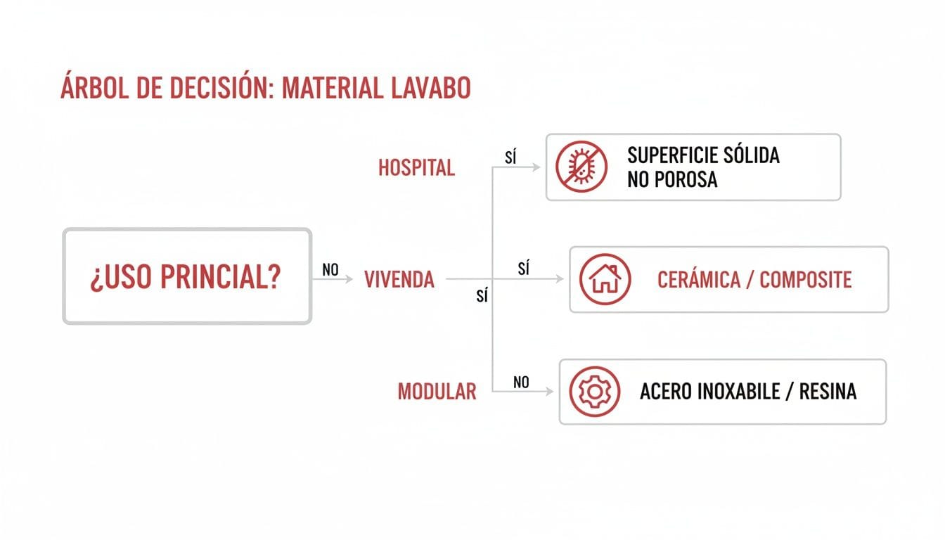 Árbol de decisión para seleccionar el material del lavabo según el uso principal, como hospitalario o vivienda.