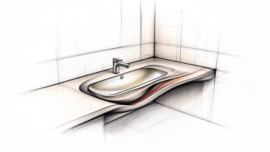 Diseño artístico de un lavabo contemporáneo empotrado con formas fluidas en un baño.