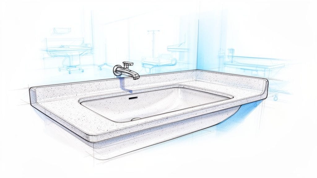 Un boceto detallado de un lavabo de hospital con grifo, en un entorno médico con equipo borroso.