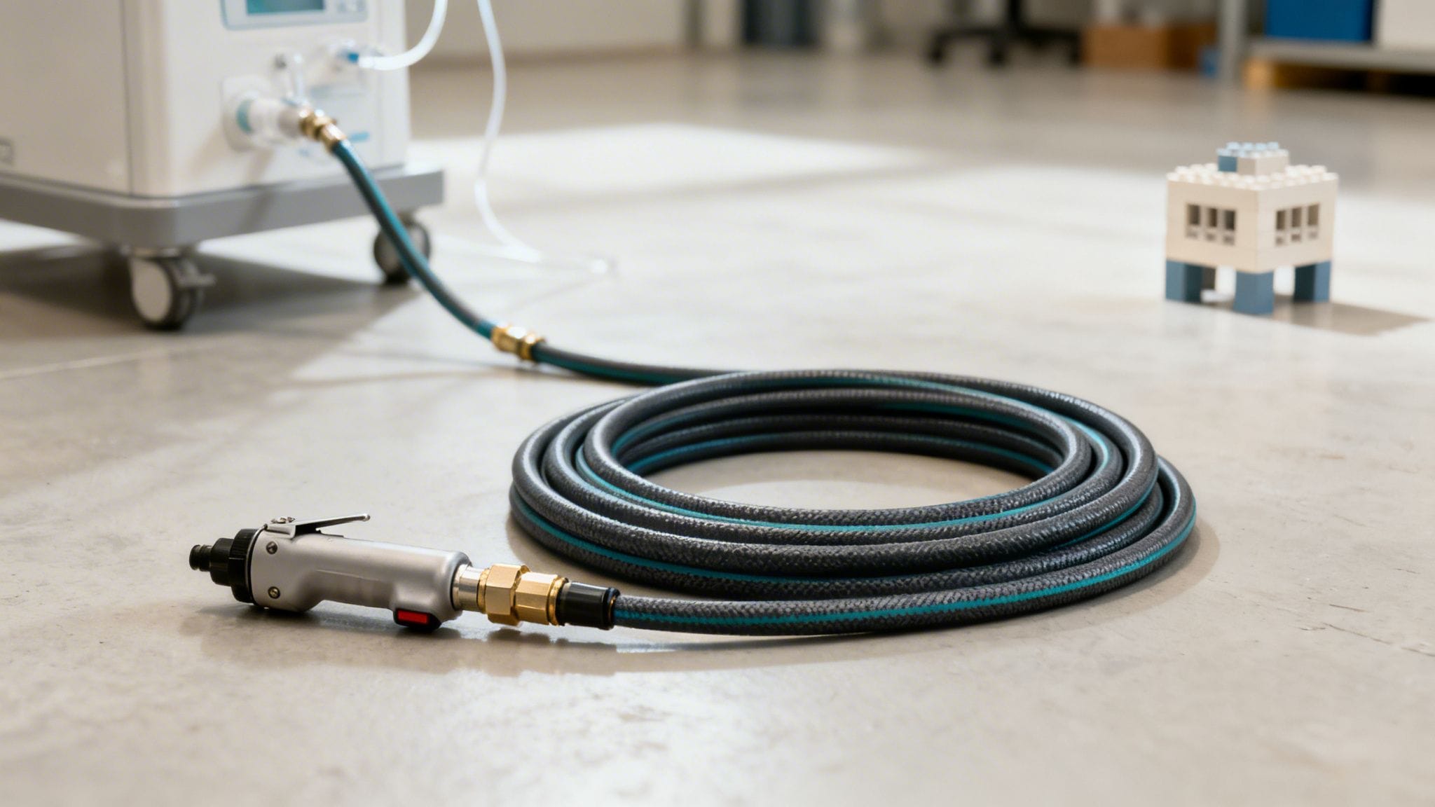 Manguera de aire comprimido enrollada con boquilla de metal conectada a una máquina en el suelo.