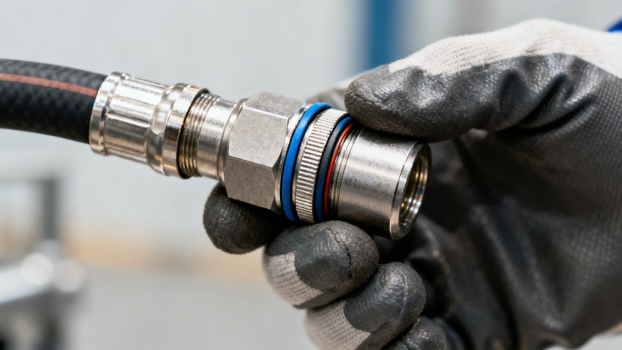 Una mano enguantada sostiene una manguera de aire comprimido con un conector metálico que tiene anillos azules y rojos.