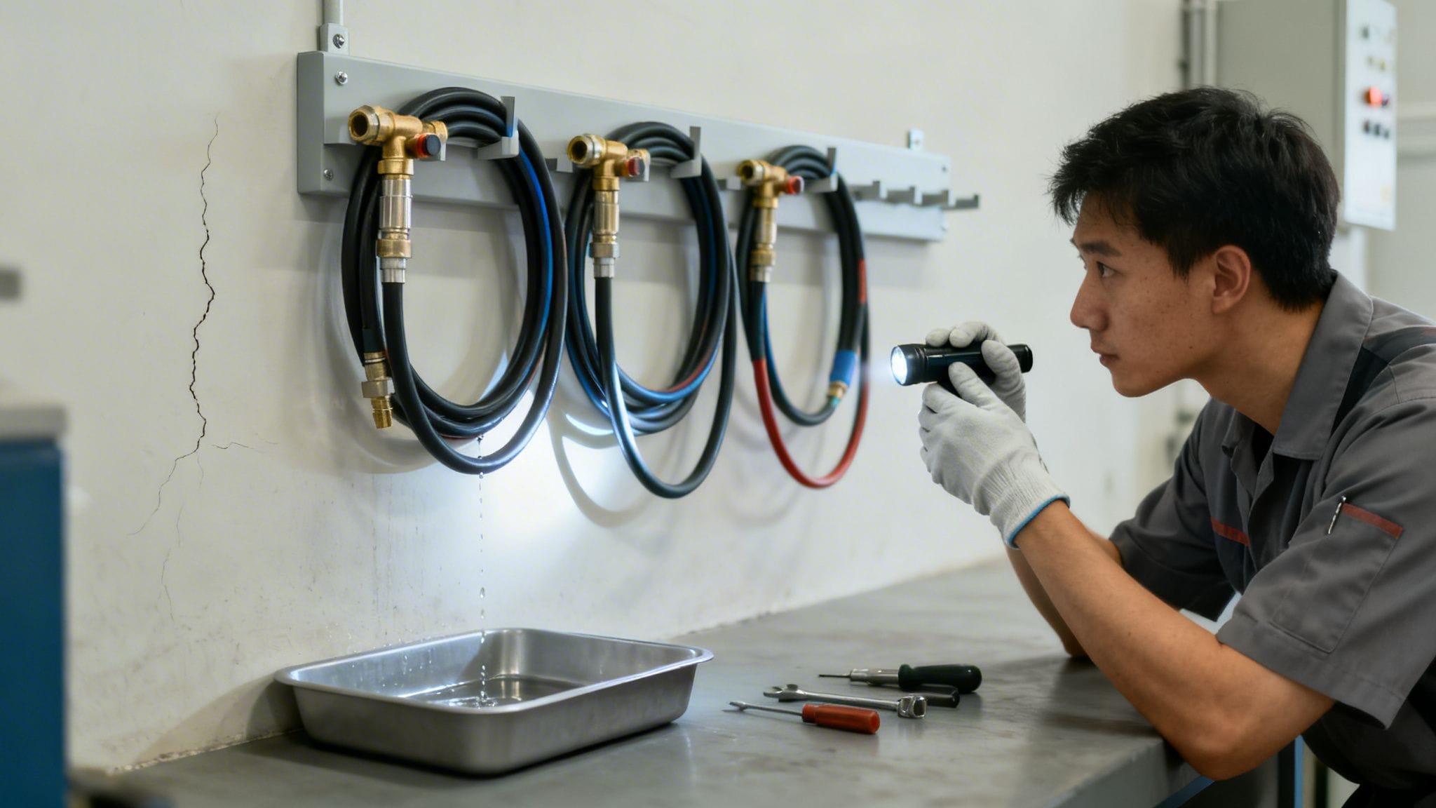 Un técnico inspecciona mangueras de aire comprimido con una linterna, detectando una fuga en el taller.