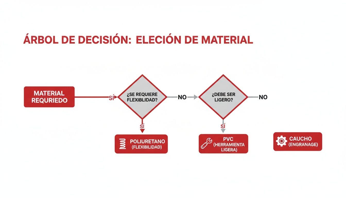 Árbol de decisión para seleccionar materiales: poliuretano (flexible), PVC (ligero) o caucho (engranaje).