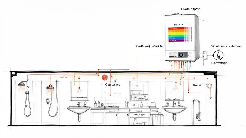 Diagrama de un sistema de calefacción de agua con caldera que abastece a múltiples puntos de consumo.