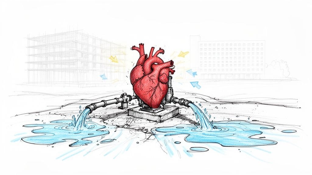 Corazón humano como bomba de agua, con tuberías liberando líquido. Una metáfora de vitalidad y flujo.