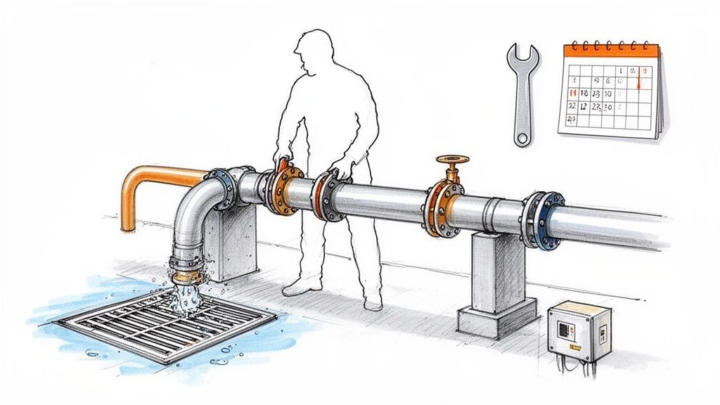 Un trabajador realiza mantenimiento en un sistema de tuberías de agua, con drenaje y herramientas.