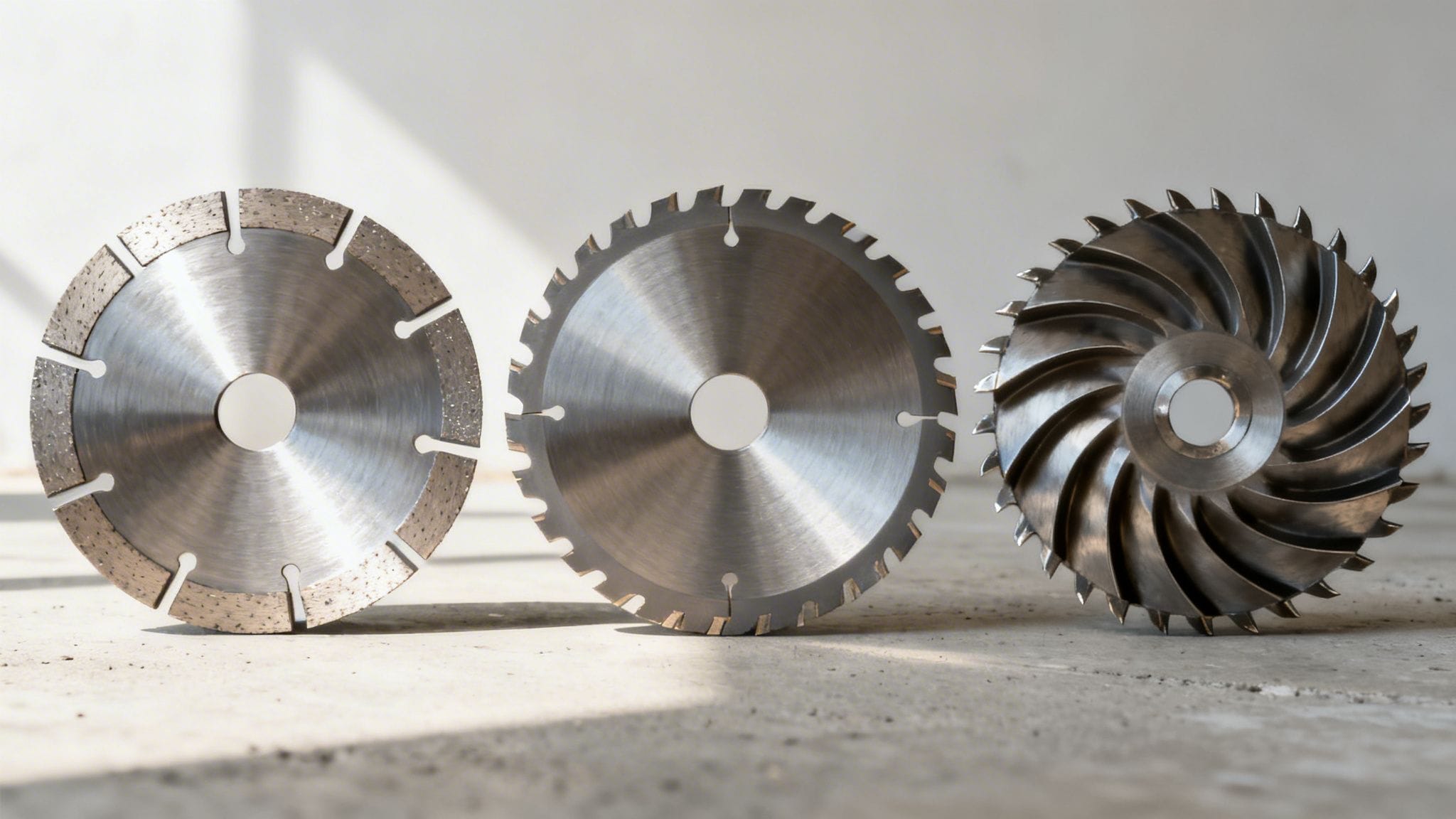 Tres discos de corte de metal, incluyendo un disco de diamante, sobre una superficie de hormigón con sombras.