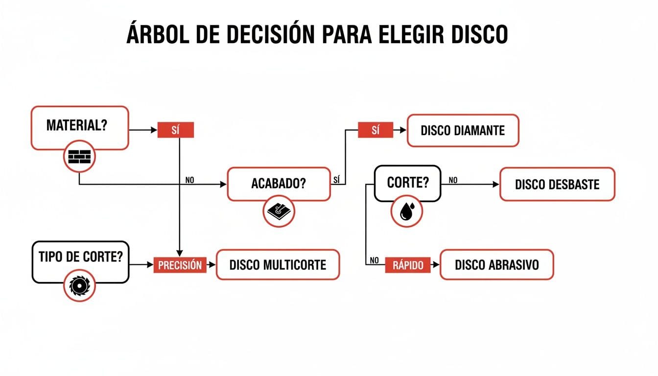 Diagrama de flujo: árbol de decisión para seleccionar el disco adecuado según material y tipo de corte.