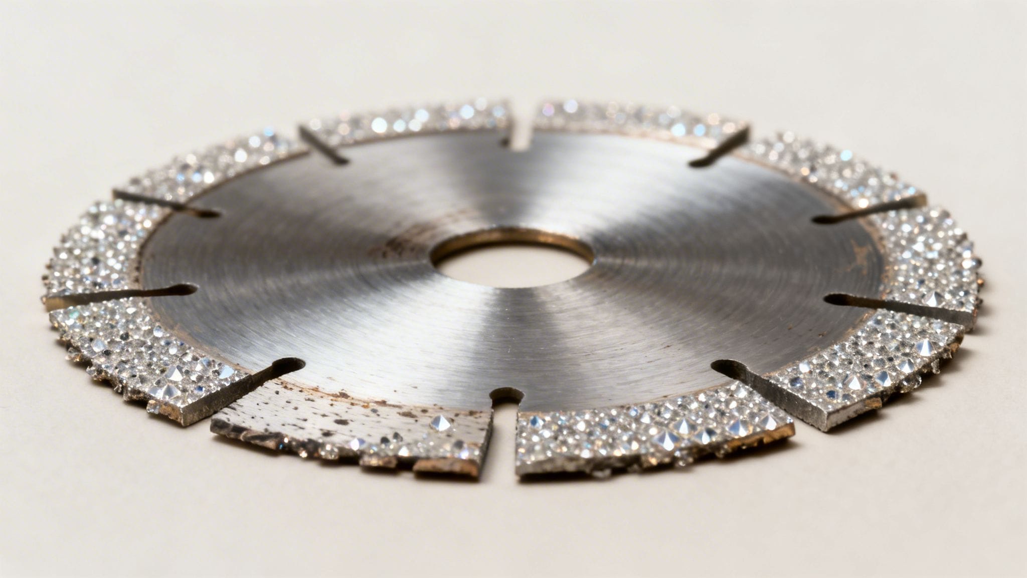 Un disco de corte de diamante para herramientas eléctricas, con segmentos abrasivos brillantes y un poco de desgaste.