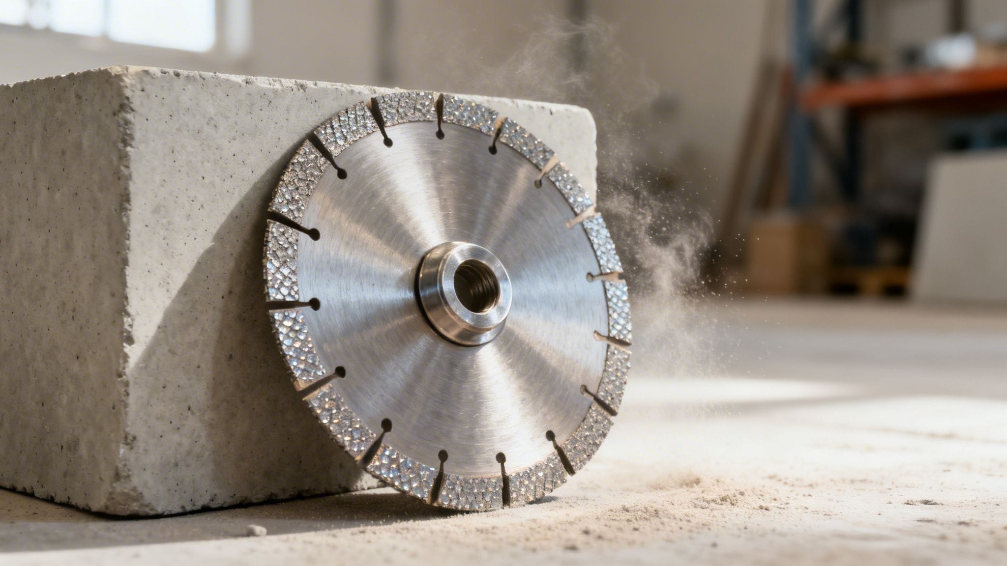 Disco de corte de diamante nuevo apoyado en un bloque de hormigón con polvo, en un entorno de taller.