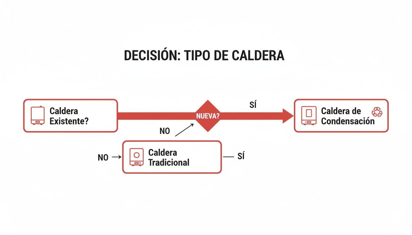 Diagrama de flujo para decidir el tipo de caldera: existente, tradicional o de condensación, según si es nueva.