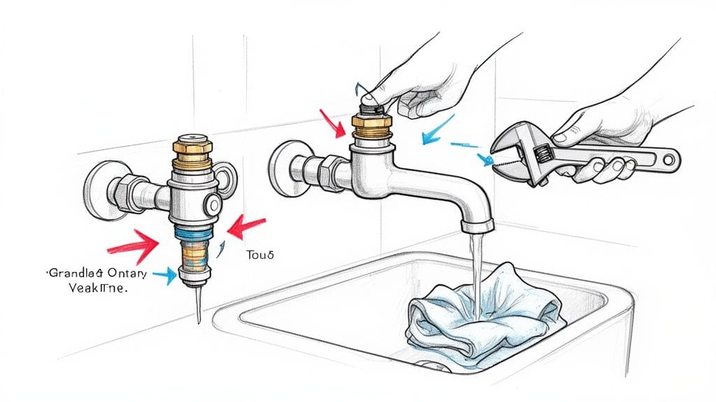 Diagrama ilustrando el proceso de desmontaje y mantenimiento de un grifo de cocina con herramientas.