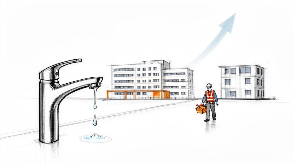 Ilustración de grifo goteando, edificios y un técnico con herramientas, sugiriendo mantenimiento y ahorro de agua.