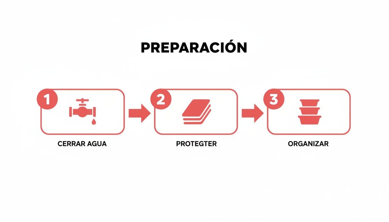 Diagrama de preparación en 3 pasos: cerrar agua, protegter y organizar con iconos ilustrativos.