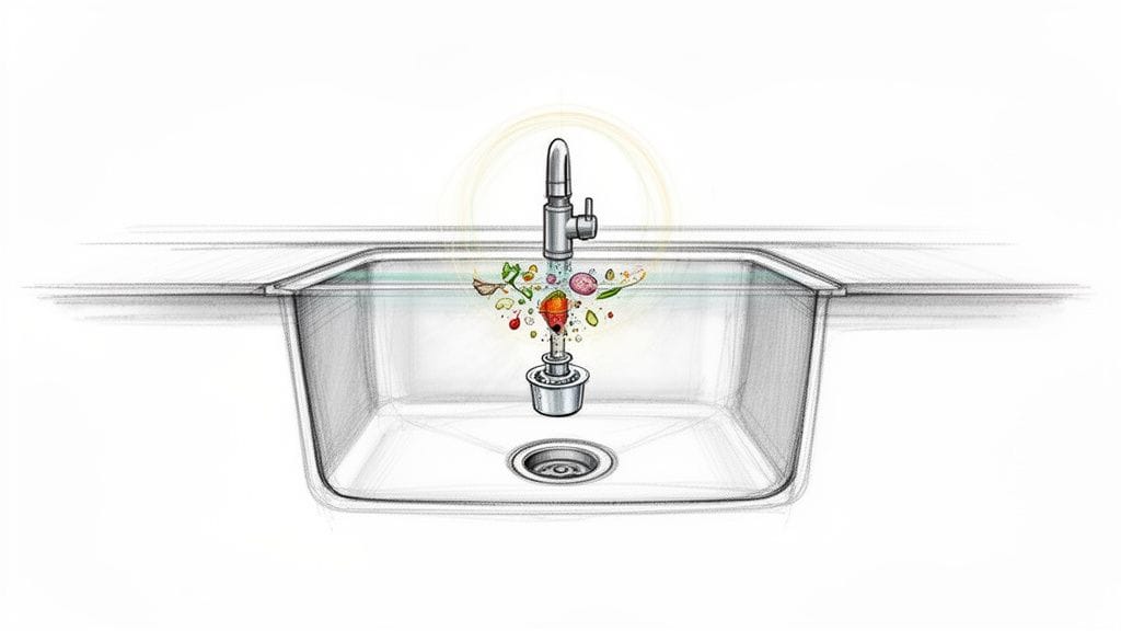 Ilustración de un fregadero de cocina con grifo, desechos de alimentos y triturador de basura integrado.