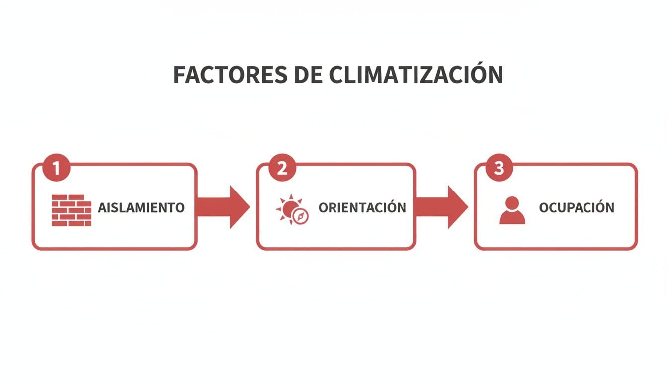 Diagrama de flujo que muestra los factores de climatización: aislamiento, orientación y ocupación.