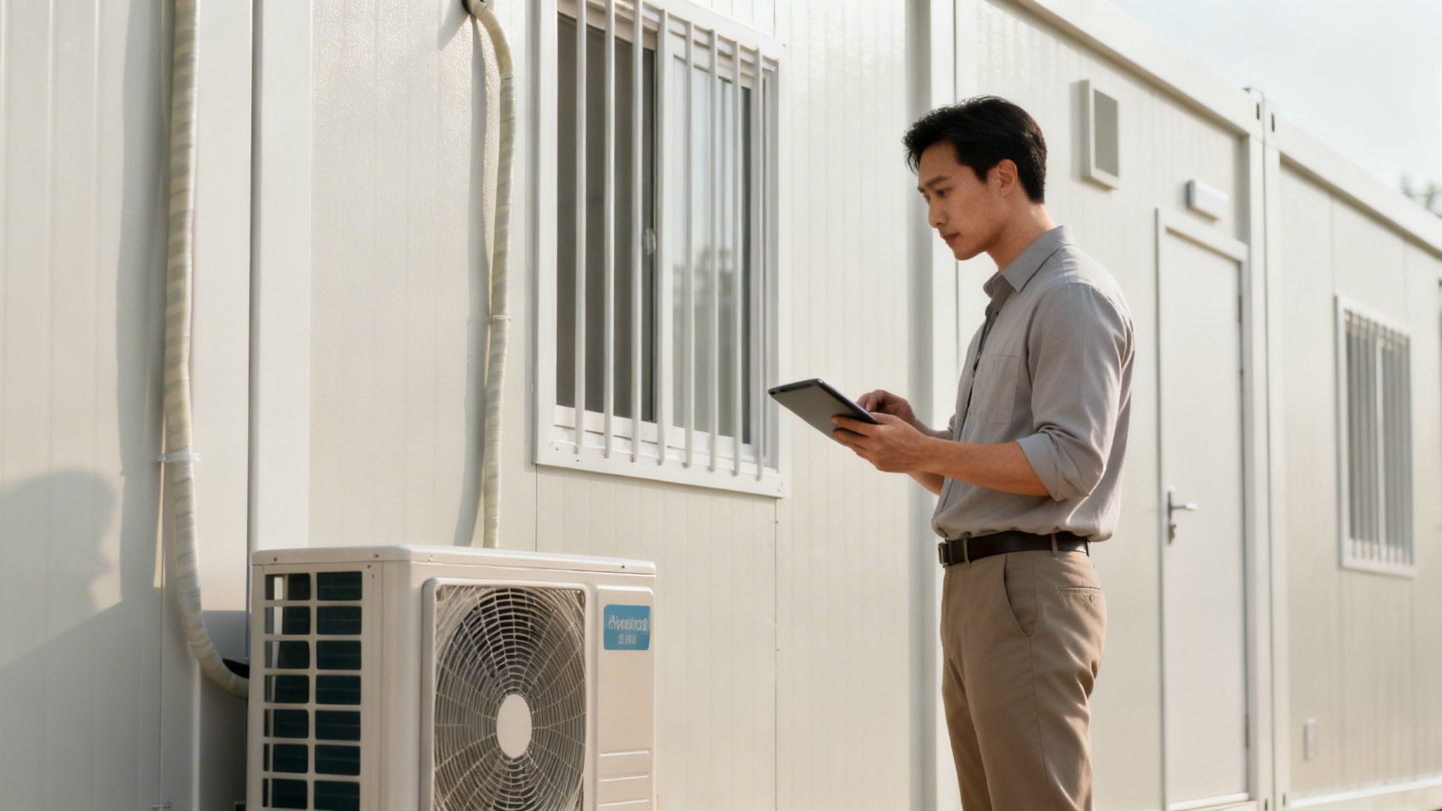 Un hombre asiático inspecciona una unidad de aire acondicionado exterior y usa una tableta junto a un edificio modular.