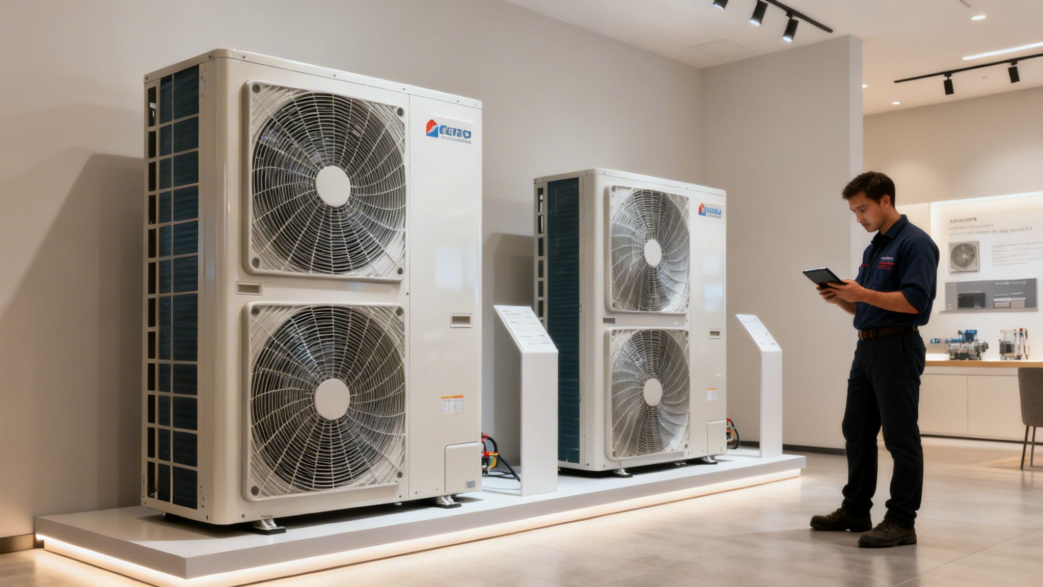 Un técnico revisa una tablet junto a grandes unidades de climatización en un showroom moderno.