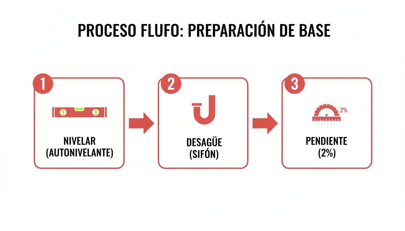 Diagrama de flujo mostrando tres pasos para la preparación de una base: nivelar, desagüe y pendiente del 2%.