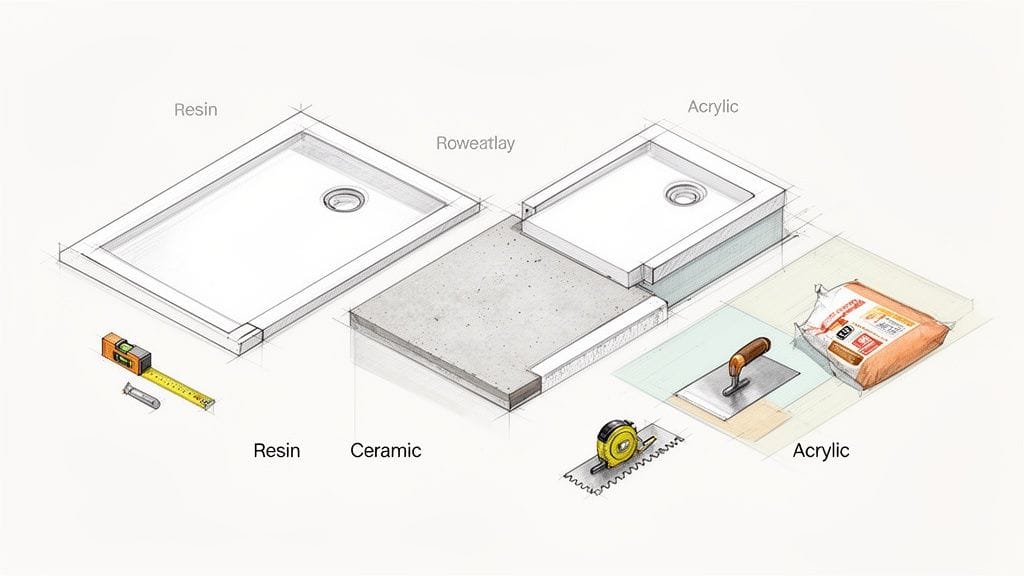 Diagrama de despiece con platos de ducha de resina y acrílico, herramientas y materiales para instalación.