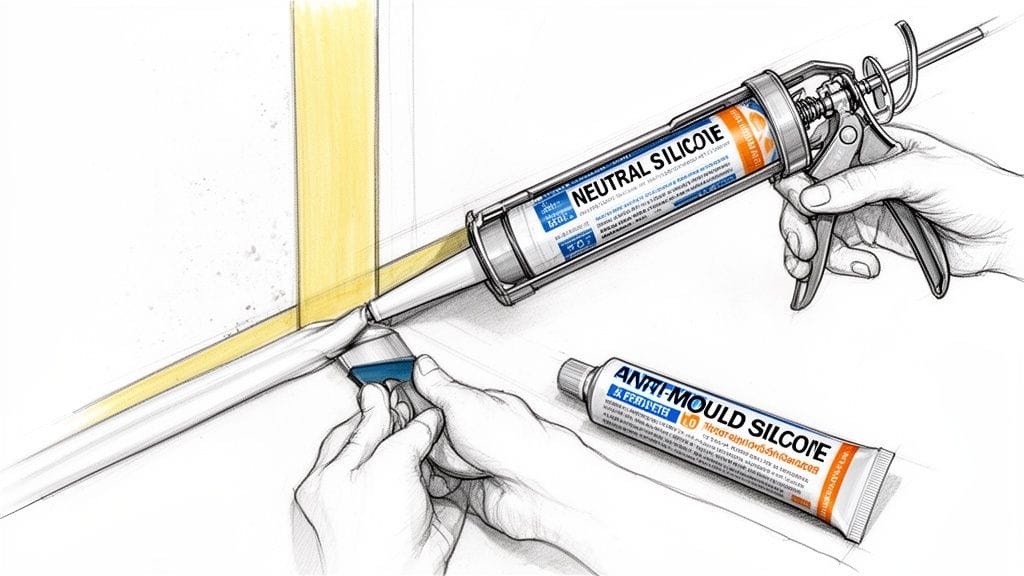 Manos aplicando y alisando sellador de silicona en una esquina con una pistola de calafateo.