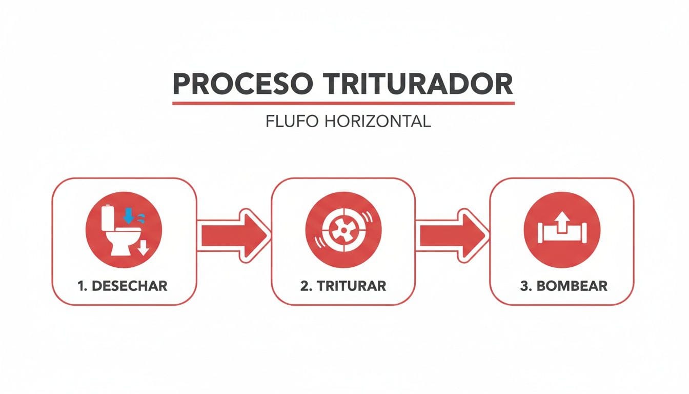 Diagrama del proceso de trituración de inodoros, mostrando los pasos de desechar, triturar y bombear.