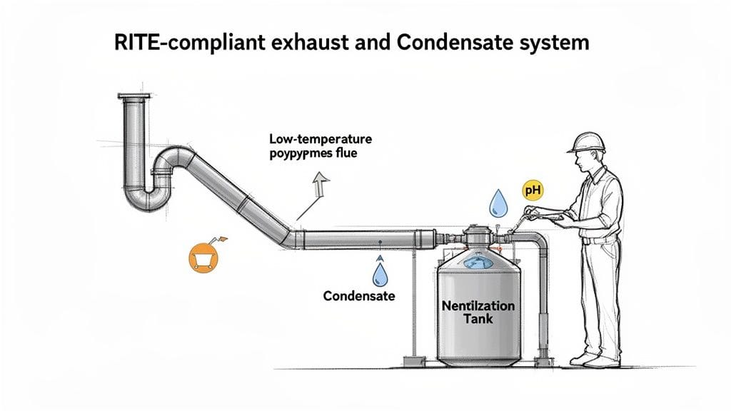 Diagrama de sistema de escape y condensados compatible con RITE, con tanque de neutralización, control de pH y salida de gases de baja temperatura.