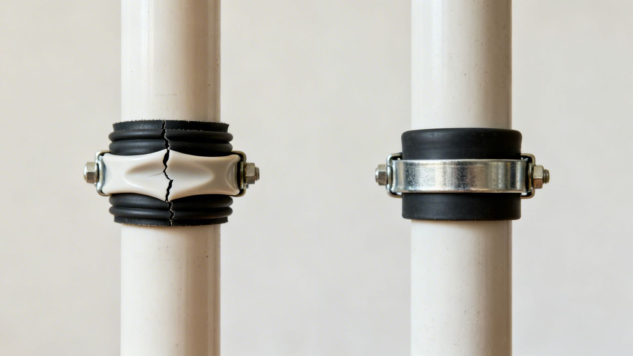 Dos tuberías blancas con abrazaderas. Una abrazadera está rota y la otra está nueva y en buen estado.
