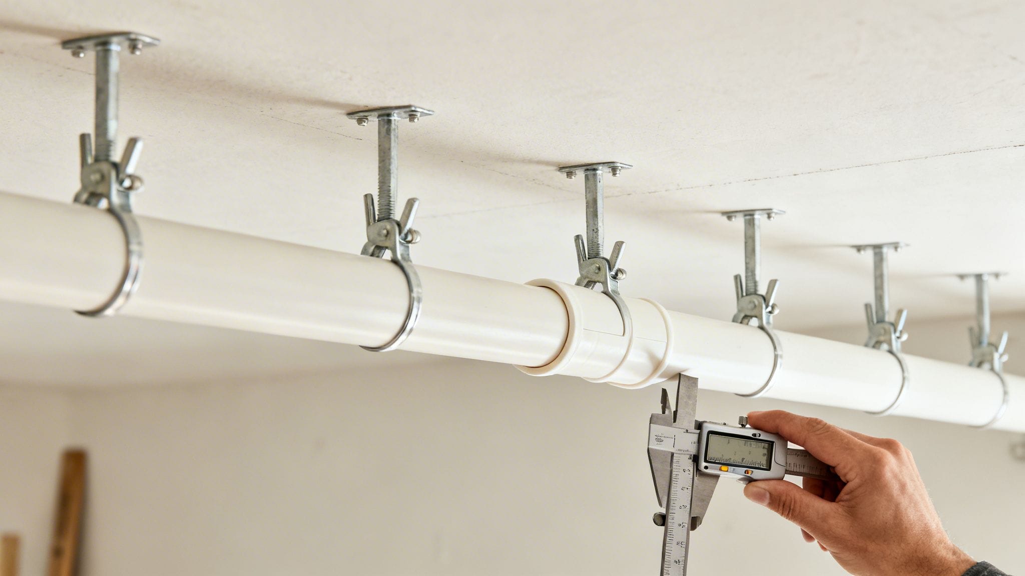 Una mano mide un tubo blanco de PVC con un calibrador digital, colgado del techo con abrazaderas metálicas.