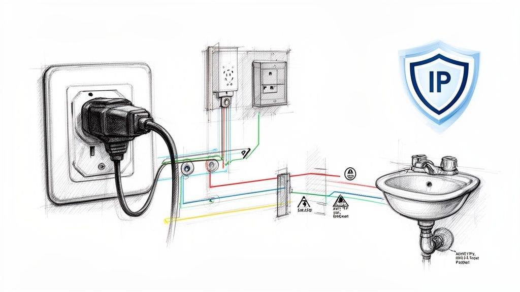 Diagrama esquemático de un enchufe, cableado eléctrico, lavabo y el logo de protección IP.