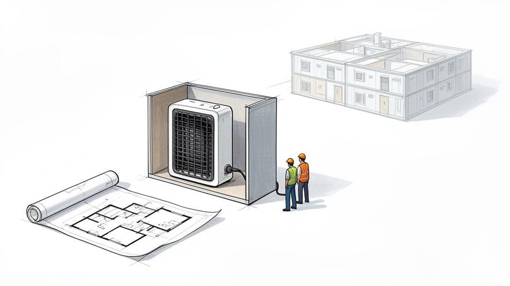 Dos trabajadores examinan un calefactor portátil en una estructura, con planos y un edificio modular de fondo.