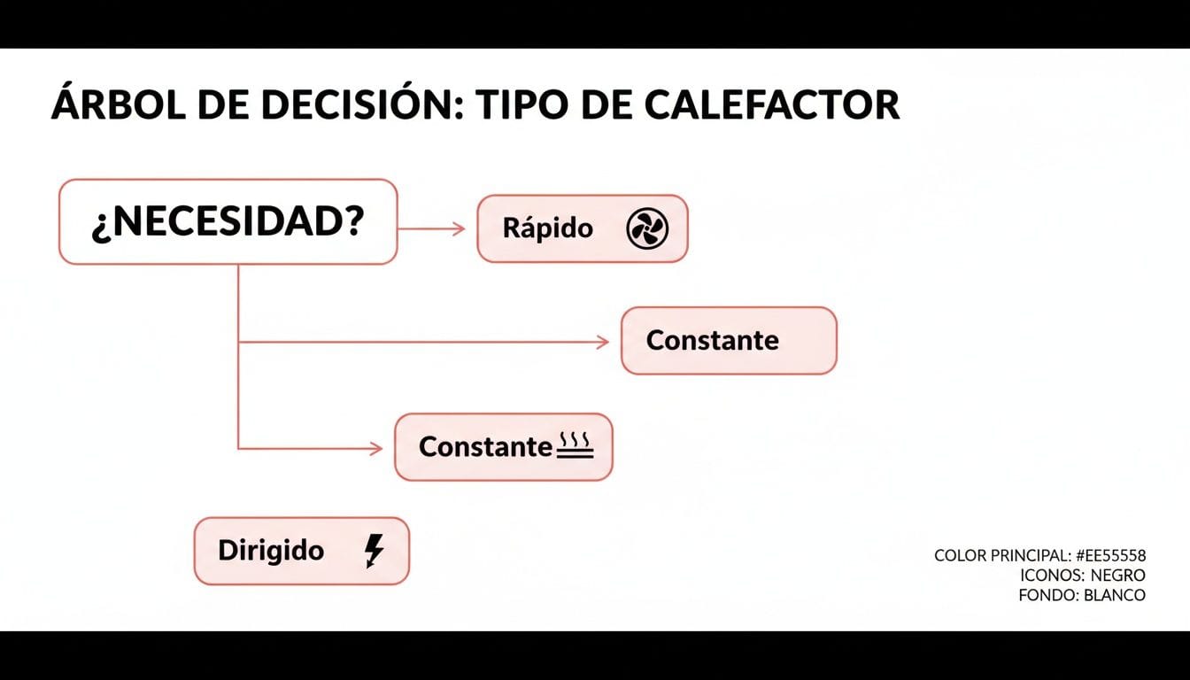 Diagrama de árbol de decisión para elegir el tipo de calefactor según la necesidad: rápido, constante o dirigido.