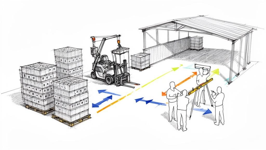 Ilustración de un proceso logístico con una carretilla elevadora moviendo bloques prefabricados hacia un almacén, y trabajadores realizando mediciones.