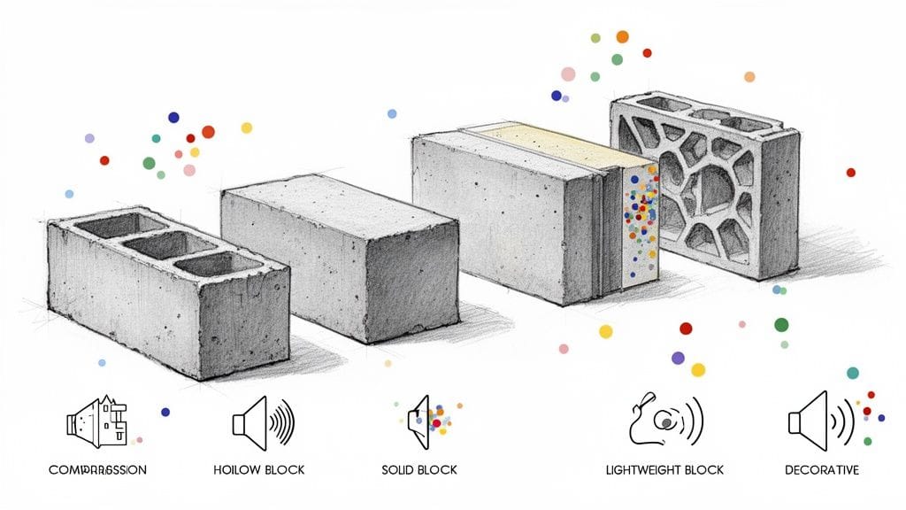 Ilustración de cinco tipos de bloques de hormigón: compresión, hueco, sólido, ligero y decorativo.
