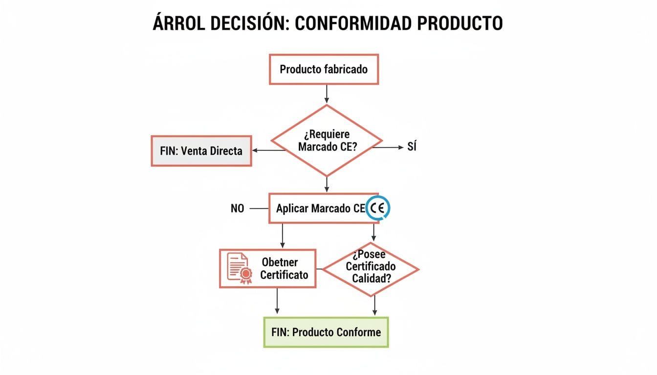 Árbol de decisión para la conformidad del producto, cubriendo el marcado CE y certificaciones de calidad.