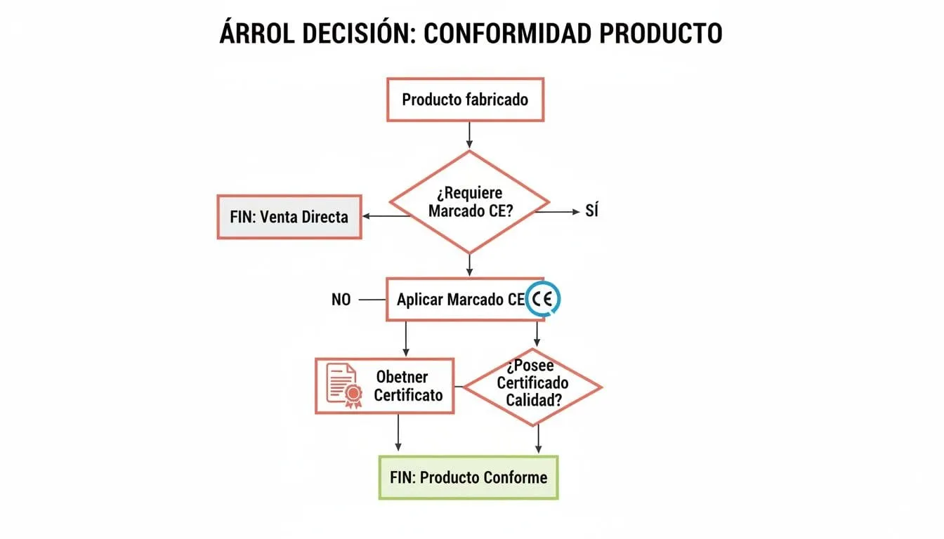 Árbol de decisión para la conformidad del producto, cubriendo el marcado CE y certificaciones de calidad.