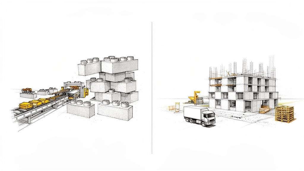 Ilustraciones del proceso de fabricación y construcción de un edificio con bloques de hormigón prefabricados.