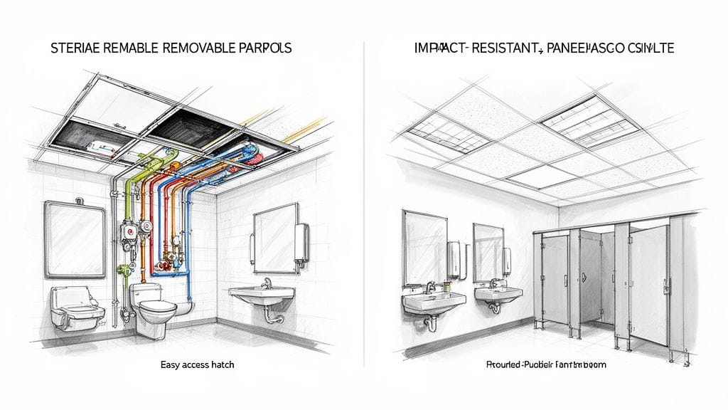 Ilustraciones de baños con diferentes sistemas de techo, destacando la accesibilidad y el diseño interior.