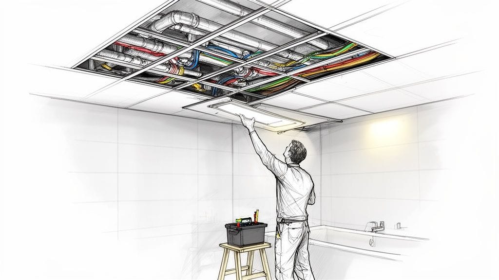 Técnico inspeccionando instalación eléctrica y tuberías en un techo desmontable de baño.