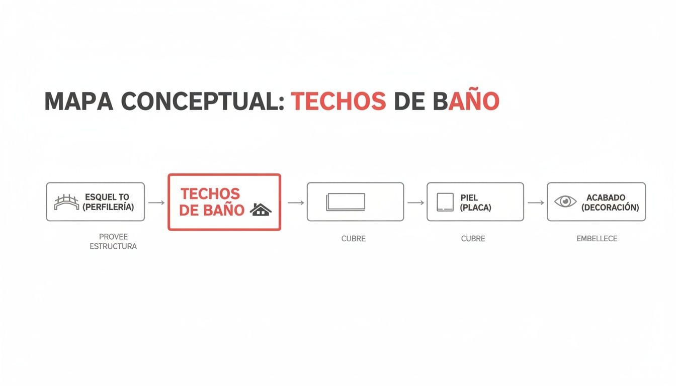 Mapa conceptual que ilustra el proceso de construcción y acabado para techos de baño, desde la estructura hasta la decoración final.