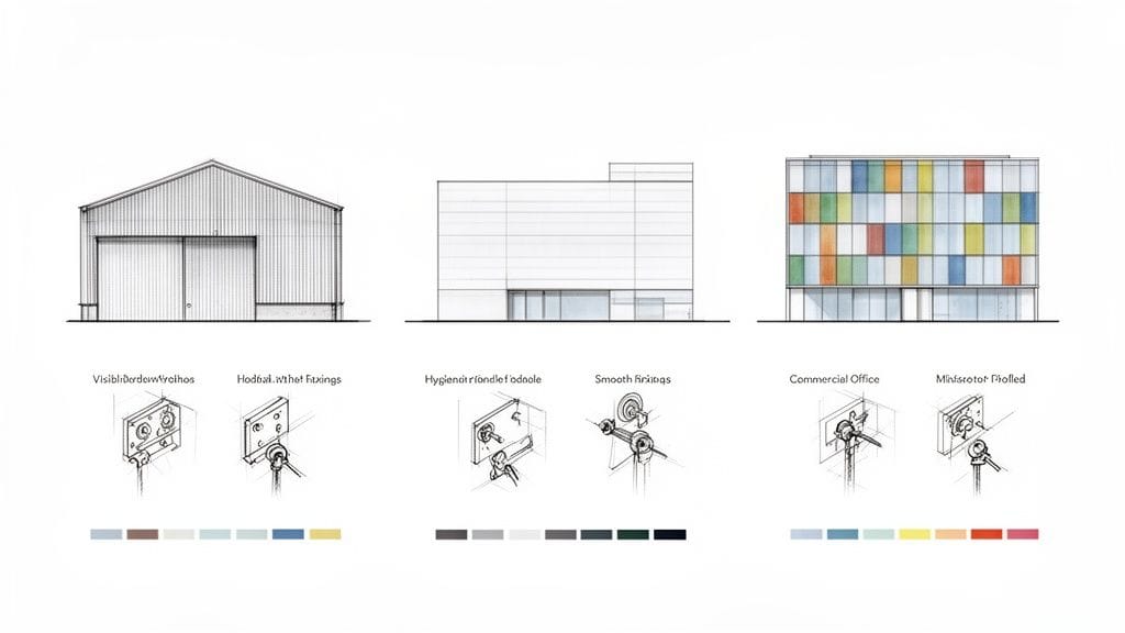 Diseño de tres fachadas de edificios (almacén, moderno, oficina) con detalles de cerraduras y paletas de colores.